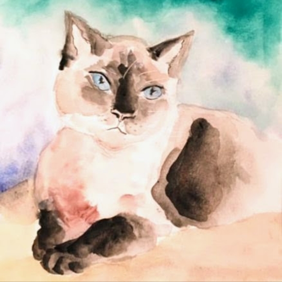 Original signed Watercolor. "Puss", Siamese cat. Pet Portrait. - Picture 8 of 9